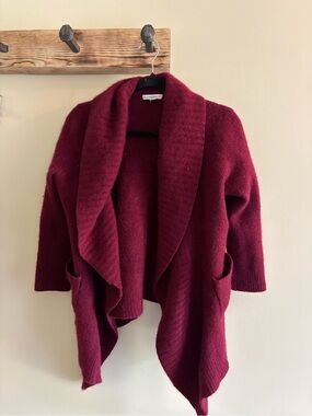 188.) CASHMERE /  Open-Front Draped Cardigan Sweater - Burgundy